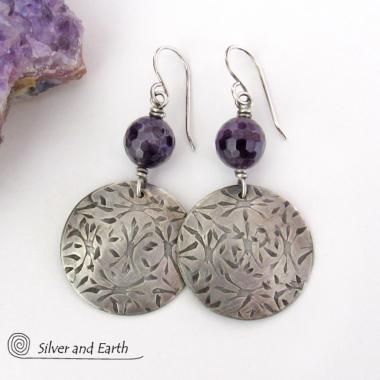 Round Sterling Silver Dangle Earrings with Faceted Amethyst Gemstones - February Birthstone Jewelry 