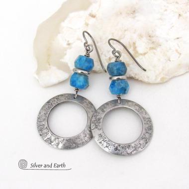 Silver Pewter Circle Hoop Earrings with Faceted Blue Apatite Gemstones