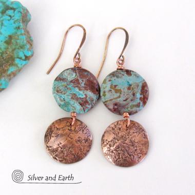 Rustic Hammered Copper Earrings with Aqua Jasper Stones- Natural Stone Jewelry