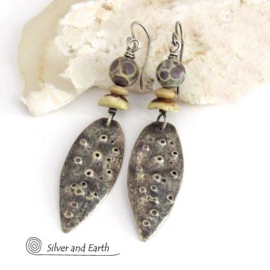 Rustic Sterling Silver Earrings with Asteriod Jasper Stones - Bold Edgy Earthy Organic Style Jewelry