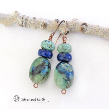 Azurite Malachite Gemstone Earrings with Blue Lapis & African Turquoise - Earthy Natural Stone Jewelry