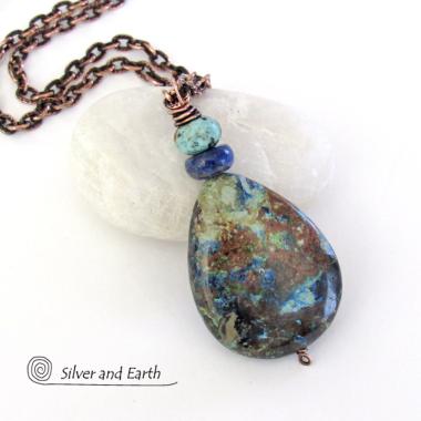 Azurite Malachite Stone Pendant Necklace - Natural Semiprecious Stone Jewelry