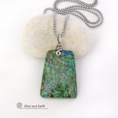 Azurite Malachite Blue Green Pendant Necklace - Modern Simplistic Gemstone Jewelry