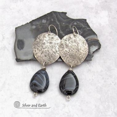 Textured Sterling Silver Earrings with Black Banded Agate Gemstones