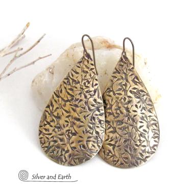 Big Bold Gold Brass Long Teardrop Earrings with Hand Stamped Texture - Artisan Handcrafted Modern Metal Jewelry