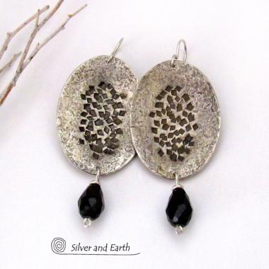 Hammered Modern Sterling Silver Earrings with Faceted Black Crystal Dangles