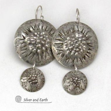 Big Round Sterling Silver Double Dangle Earrings with Rustic Organic Texture