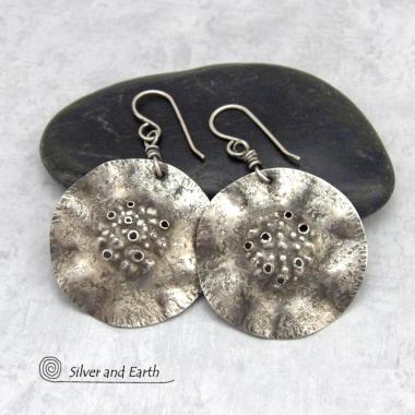 Oxidized Solid Sterling Silver Dangle Earrings with Hammered Earthy Organic Texture - Artisan Handcrafted Edgy Modern Jewelry