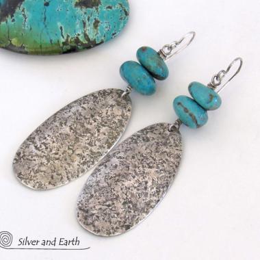 Big Long Sterling Silver & Turquoise Earrings - Handmade Artisan Sterling Silver Jewelry