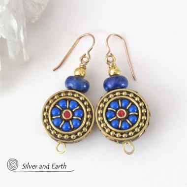 Tibetan Brass Earrings with Blue Lapis and Red Coral Inlaid Beads - Bold Exotic Bohemian Style Jewelry