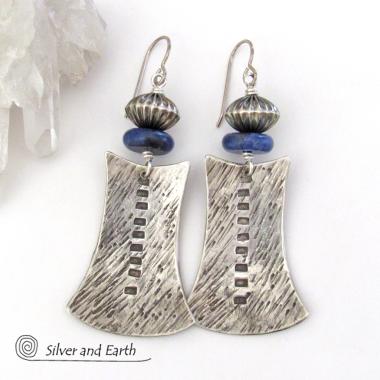 Sterling Silver Tribal Earrings with Blue Sodalite Gemstones - Bold Exotic Jewelry