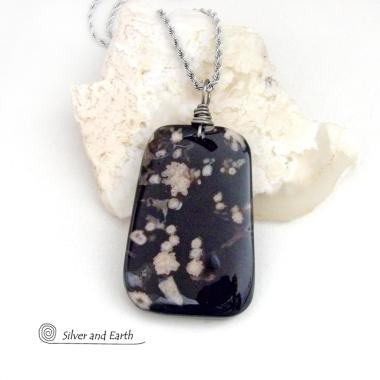 Black Cherry Blossom Agate Pendant Necklace - Unique Natural Stone Jewelry