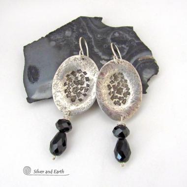 Modern Sterling Silver Earrings with Dangling Black Faceted Crystals - Elegant Dressy Handcrafted Sterling Jewelry