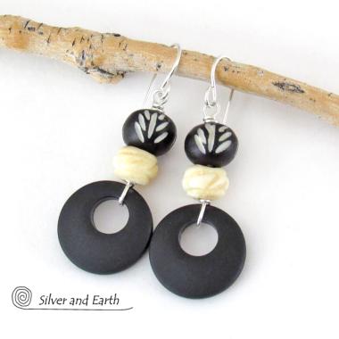 African Carved Bone Earrings with Matte Black Glass Circle Hoops - Boho Tribal Ethnic Afrocentric Style Jewelry