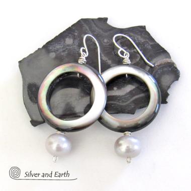 Black Lip Mother of Pearl Hoop Earrings with White Pearls & Sterling Silver