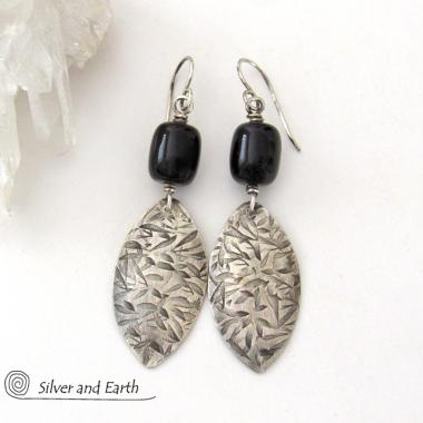 Sterling Silver Dangle Earrings with Black Onyx Gemstones - Handcrafted Modern Silver Jewelry