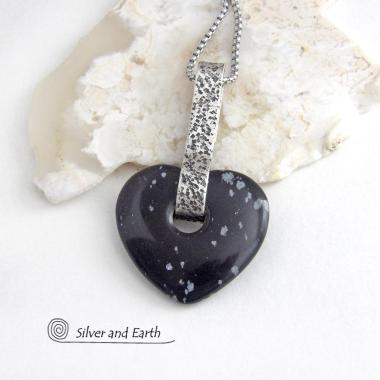 Heart Shaped Snowflake Obsidian Gemstone Sterling Silver Necklace - Anniversary / Valentine Jewelry Gifts for Women