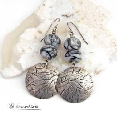 Sterling Silver Earrings with Hand Stamped and Hammered Texture and Black Web Jasper Stones