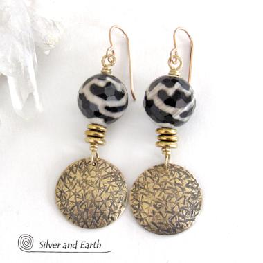 Faceted Black & White Tibetan Agate Earrings with Textured Gold Brass Dangles - Unique Modern Boho Chic Jewelry