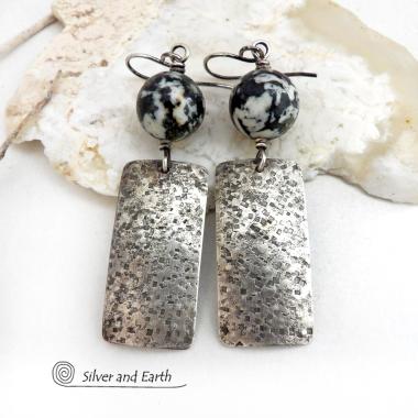 Sterling Silver Earrings with Black White Gray Agate Gemstones - Modern Contemporary Statement Jewelry