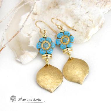 Gold Brass Dangle Earrings with Blue Flower Beads - Elegant Modern Nature Jewelry 