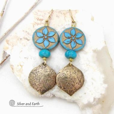 Gold Brass Earrings with Blue Flower and Turquoise Beads - Modern Elegant Nature Jewelry
