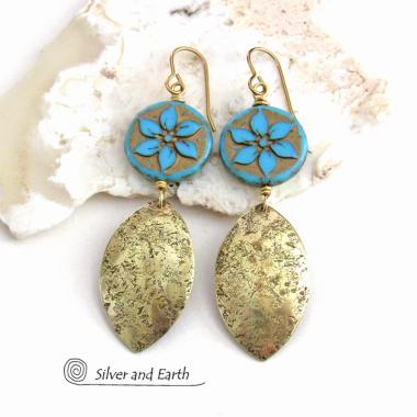 Blue Flower Earrings with Gold Brass Leaf Shaped Dangles - Unique Nature Jewelry Gifts for Women