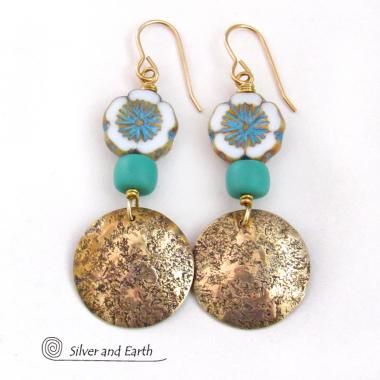 White, Turquoise Blue and Gold Glass Flower Earrings with Brass Dangles - Unique Nature Jewelry Gifts for Women