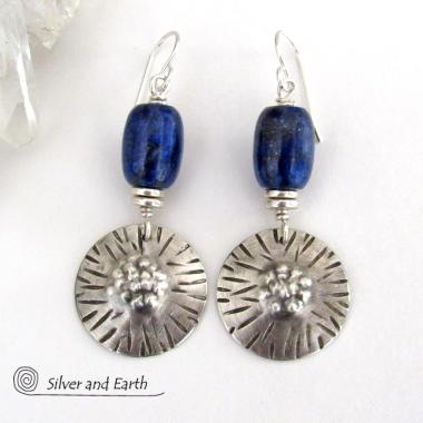 Textured Sterling Silver Earrings with Blue Lapis Lazuli Stones - Unique Handcrafted Jewelry