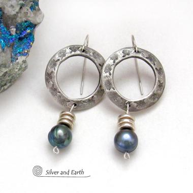 Silver Pewter Circle Hoop Earrings with Blue Pearl Dangles - Modern Elegant Chic Freshwater Pearl Jewelry