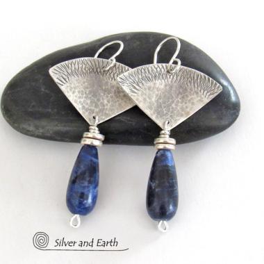 Textured Sterling Silver Earrings with Blue Sodalite Gemstones - Handcrafted Artisan Silversmith Jewelry