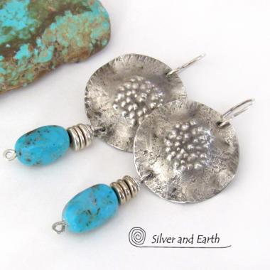 Sterling Silver Earrings with Blue American Turquoise Stones - Rustic Organic Modern Southwest Style Jewelry