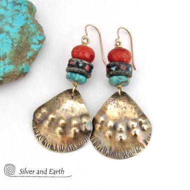 Brass Tribal Earrings with African Beads, Turquoise & Red Coral - Unique Handmade Boho Ethnic Style Jewelry