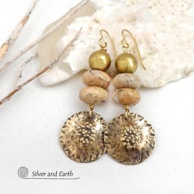 Textured Gold Brass Earrings with Beige Agate Stones - Earthy Modern Gemstone Jewelry