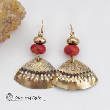 Textured Gold Brass Earrings with Red Coral - Unique Boho Tribal Jewelry