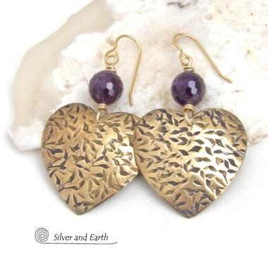 Gold Brass Heart Earrings with Faceted Amethyst Gemstones - Romantic Jewelry Gifts for Women