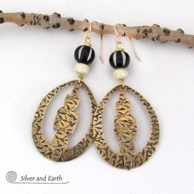 Large Gold Brass Hoop Dangle Earrings with African Batik & Bone Beads - Ethnic Tribal Bohemian Style Jewelry