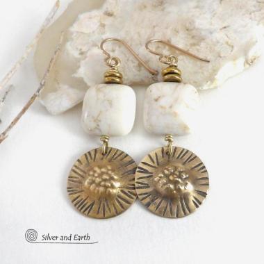 Textured Gold Brass Dangle Earrings with Creamy White Magnesite Stones