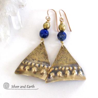 Textured Gold Brass Earrings with Blue Lapis Stones - Bold Exotic Egyptian Inspired Statement Jewelry