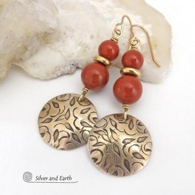 These handcrafted earrings have an elegant, modern chic style that coordinates beautifully with all wardrobe types -- dressed up or down. They feature gold brass dangles with a hand stamped texture accented with a stack of red jasper gemstones and shiny brass beads. They'll make a great gift for a natural gemstone lover - or a nice addition to your own jewelry wardrobe. Handmade in the USA by Silver and Earth jewelry.