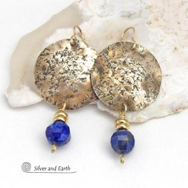 Modern Chic Gold Brass Earrings with Dangling Blue Lapis Lazuli Gemstones
