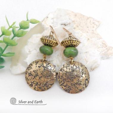 Gold Brass Earrings with Green Serpentine Gemstones - Artisan Handcrafted Modern Earthy Chic Jewelry