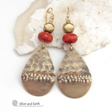 Large Textured Gold Brass Teardrop Earrings with Faceted Red Coral - Bold Unique Statement Jewelry