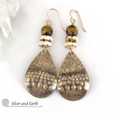 Brass Tribal Earrings with Faceted Brown Tiger's Eye Gemstones and African Carved Bone