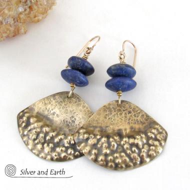 Gold Brass Earrings with Lapis Lazuli Gemstones - Boho Chic Tribal Jewelry
