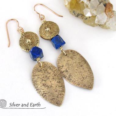 Tribal Spear Gold Brass Earrings with Faceted Blue Lapis Gemstones - Ancient Egyptian Style Jewelry 