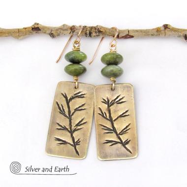 Gold Brass Earrings with Hand Stamped Twig Design & Green Serpentine Stones - Earthy Nature Inspired Jewelry