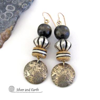 Gold Brass Earrings with African Batik Bone & Dark Brown Wood Beads - Ethnic Boho Tribal African Style Jewelry