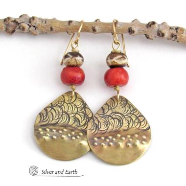 Bronze Earrings with Red Coral & African Carved Bone - Handcrafted Boho Chic Tribal Style Statement Jewelry