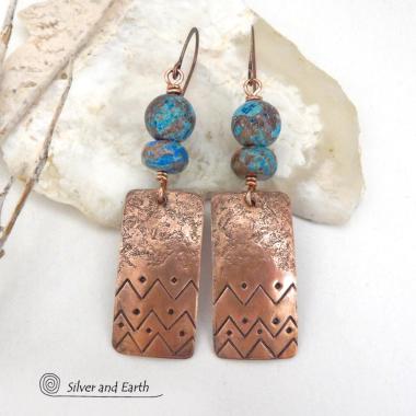 Hand Stamped Copper Rectangle Earrings with Blue Brown Calsilica Jasper Gemstones